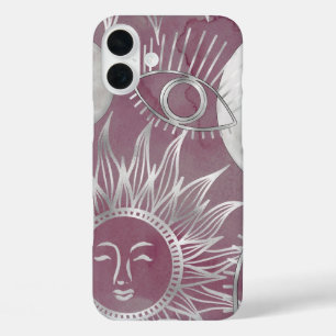 Solar Mystique   Roze zilver Moon Stars Sun Eyes iPhone 16 Plus Hoesje