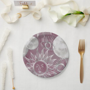 Solar Mystique   Roze zilver Moon Stars Sun Eyes Papieren Bordje