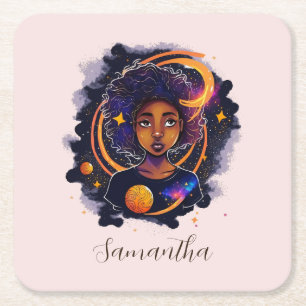 Solar System Afro Woman Vierkante Kartonnen Onderzetter
