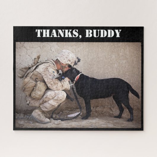 Soldaat in gevechtstoestand en militaire hond legpuzzel (Horizontaal)