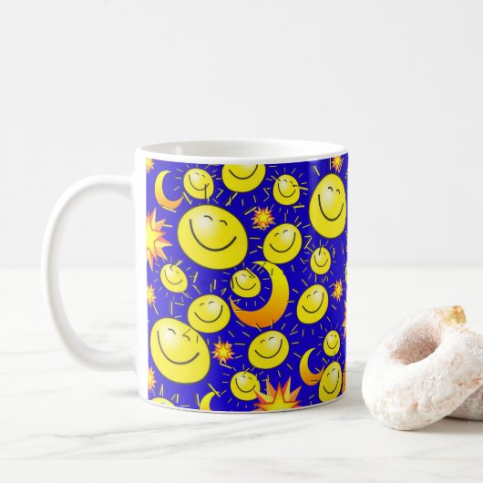 Soleil Jaune, Lune, Étoiles Bleu Mug (Avec donut)