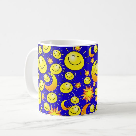 Soleil Jaune, Lune, Étoiles Bleu Mug (Devant gauche)