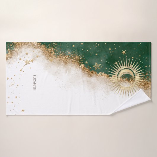 Soleil Or Céleste Et Étoiles Lune Vert (Serviette de bain)