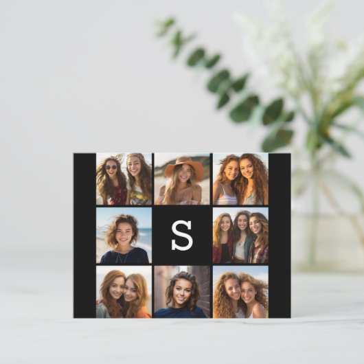 Solid Black Photo Collage - Aangepast monogram Briefkaart (Staand voorkant)