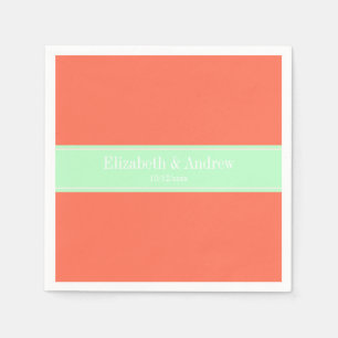 Solid Coral, Mint Ribbon Name Monogram Servetten