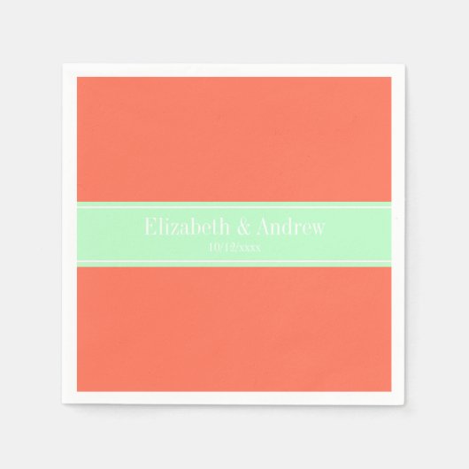Solid Coral, Mint Ribbon Name Monogram Servetten (Voorkant)