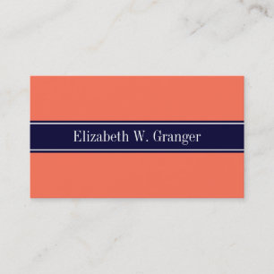 Solid Coral, Navy Blue Ribbon Name Monogram Visitekaartje