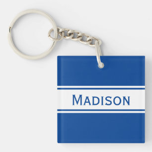 Solid Deep Blue White Stripes Modern Name Sleutelhanger