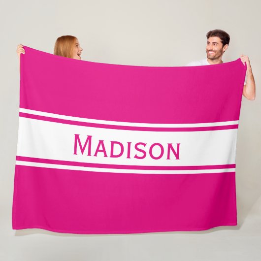Solid Hot Pink White Stripes Modern Name Fleece Deken (In situ)