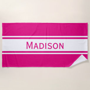 Solid Hot Pink White Stripes Modern Name Strandlaken