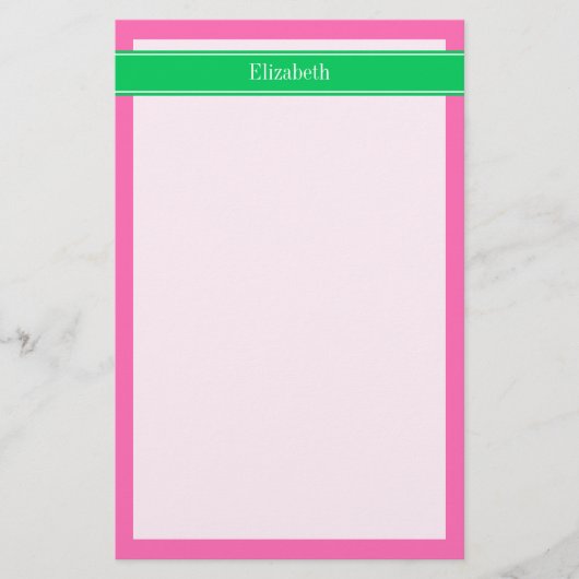 Solid Hot Roze #2 Emerald Green Rbn Naam Monogram Briefpapier (Voorkant)
