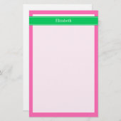 Solid Hot Roze #2 Emerald Green Rbn Naam Monogram Briefpapier (Voorkant / Achterkant)
