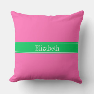 Solid Hot Roze #2 Emerald Green Rbn Naam Monogram Kussen