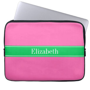 Solid Hot Roze #2 Emerald Green Rbn Naam Monogram Laptop Sleeve
