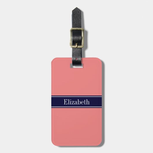 Solid Light Coral, Navy Blue Ribbon Name Monogram Bagagelabel (Voorkant verticaal)