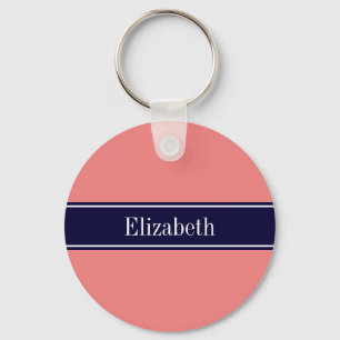 Solid Light Coral, Navy Blue Ribbon Name Monogram Sleutelhanger