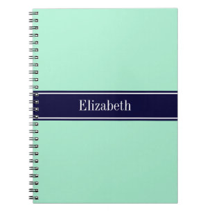 Solid Light Mint, Navy Blue Ribbon Name Monogram Notitieboek