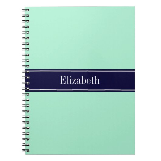 Solid Light Mint, Navy Blue Ribbon Name Monogram Notitieboek (Voorkant)