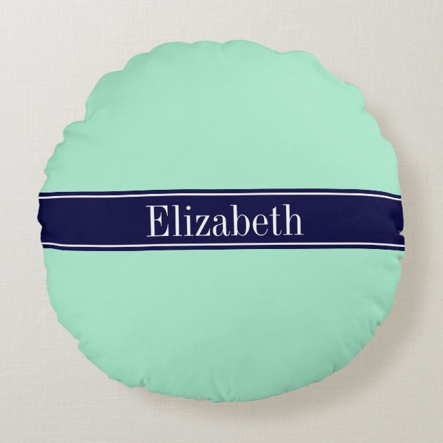 Solid Light Mint, Navy Blue Ribbon Name Monogram Rond Kussen (Voorkant)