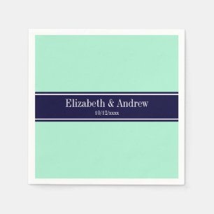 Solid Light Mint, Navy Blue Ribbon Name Monogram Servetten