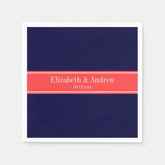 Solid Navy Blue Coral Red Ribbon Naam Monogram Servetten (Voorkant)