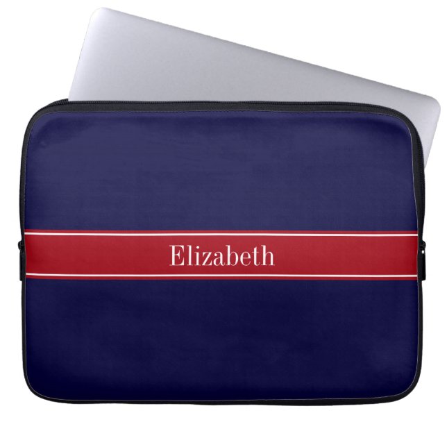 Solid Navy Blue Cranberry Red Ribbon Name Monogram Laptop Sleeve (Voorkant)