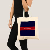 Solid Navy Blue Cranberry Red Ribbon Name Monogram Tote Bag (Voorkant (product))