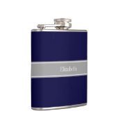 Solid Navy Blue, Dark Grey Ribbon Name Monogram Heupfles (Rechts)