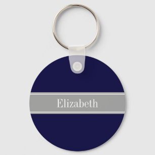 Solid Navy Blue, Dark Grey Ribbon Name Monogram Sleutelhanger