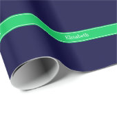 Solid Navy Blue Emerald Green Ribbon Name Monogram Cadeaupapier (Rol Hoek)