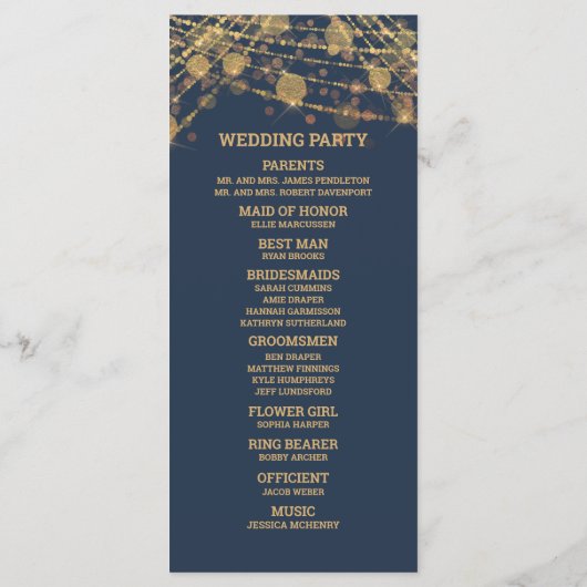 Solid Navy Blue Gold String Lights Wedding Program Programma (Achterkant)