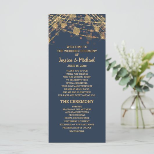 Solid Navy Blue Gold String Lights Wedding Program Programma (Staand voorkant)