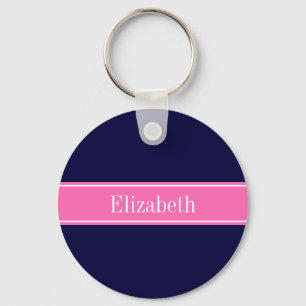 Solid Navy Blue Hot Roze #2 Monogram op naam Sleutelhanger