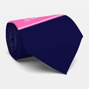 Solid Navy Blue Hot Roze #2 Monogram op naam Stropdas
