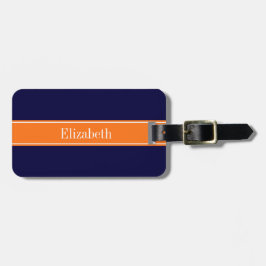 Solid Navy Blue, Pumpkin Ribbon Name Monogram Bagagelabel