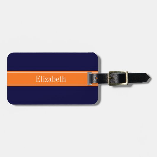 Solid Navy Blue, Pumpkin Ribbon Name Monogram Bagagelabel (Voorkant horizontaal)