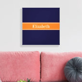 Solid Navy Blue, Pumpkin Ribbon Name Monogram Canvas Afdruk (Insitu (Woonkamer))