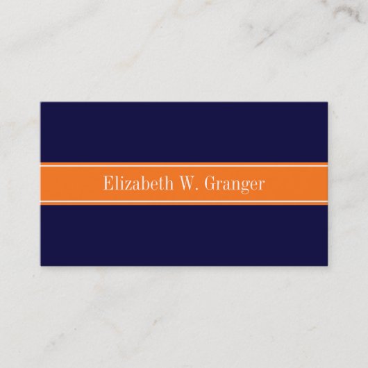 Solid Navy Blue, Pumpkin Ribbon Name Monogram Visitekaartje (Voorkant)