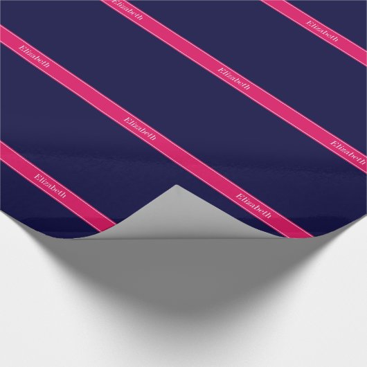 Solid Navy Blue, Raspberry Ribbon Name Monogram Cadeaupapier (Hoek)