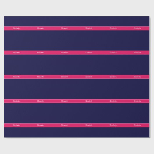 Solid Navy Blue, Raspberry Ribbon Name Monogram Cadeaupapier (Vlak)