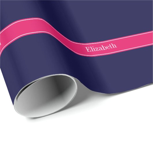 Solid Navy Blue, Raspberry Ribbon Name Monogram Cadeaupapier (Rol Hoek)