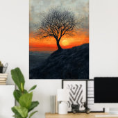 Solitaire boom zonsondergang in houtskool en warme poster (Thuiskantoor)