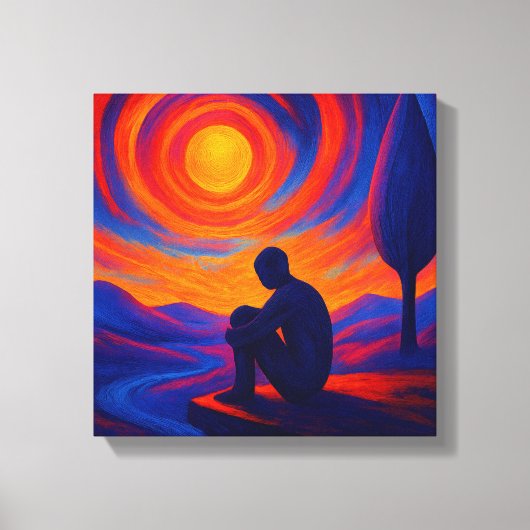Solitude Under the Sun in Blue and Fire Orange Canvas Afdruk (Voorkant)
