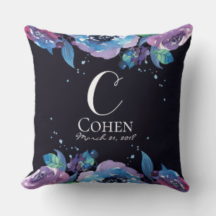 Sombere Blauwe Paarse Bloemrijke Monogram Kussen