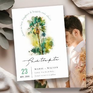 Sombere groene tropische waterverf palmboom foto save the date
