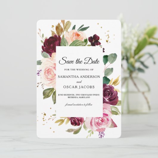 Sombere roodwijnkleurig bloemmotief |  Rustieke aq Save The Date (Staand voorkant)