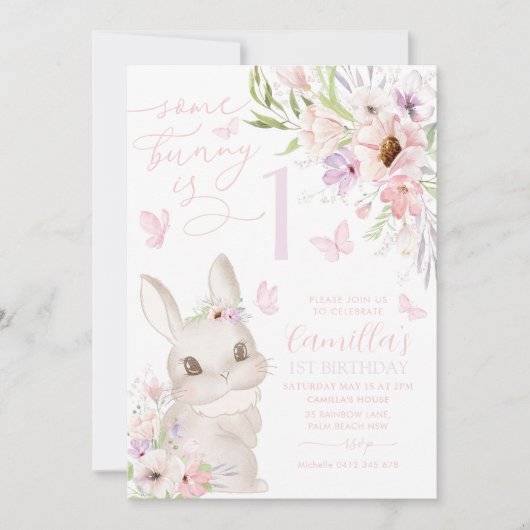 Some Bunny Is 1 Meisje 1e Verjaardag Bloem Vlinder Kaart (Voorkant)