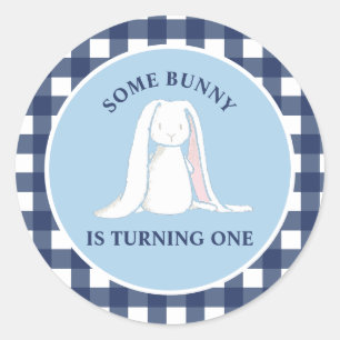 Some Bunny is One blauwe Gingham Verjaardag Ronde Sticker
