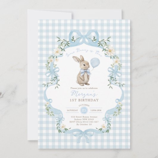 Some Bunny is One Blauwe Strik Gingham 1e Verjaard Kaart (Voorkant)