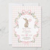 Some Bunny is One Pink Bow Gingham 1st Birthday Kaart (Voorkant)